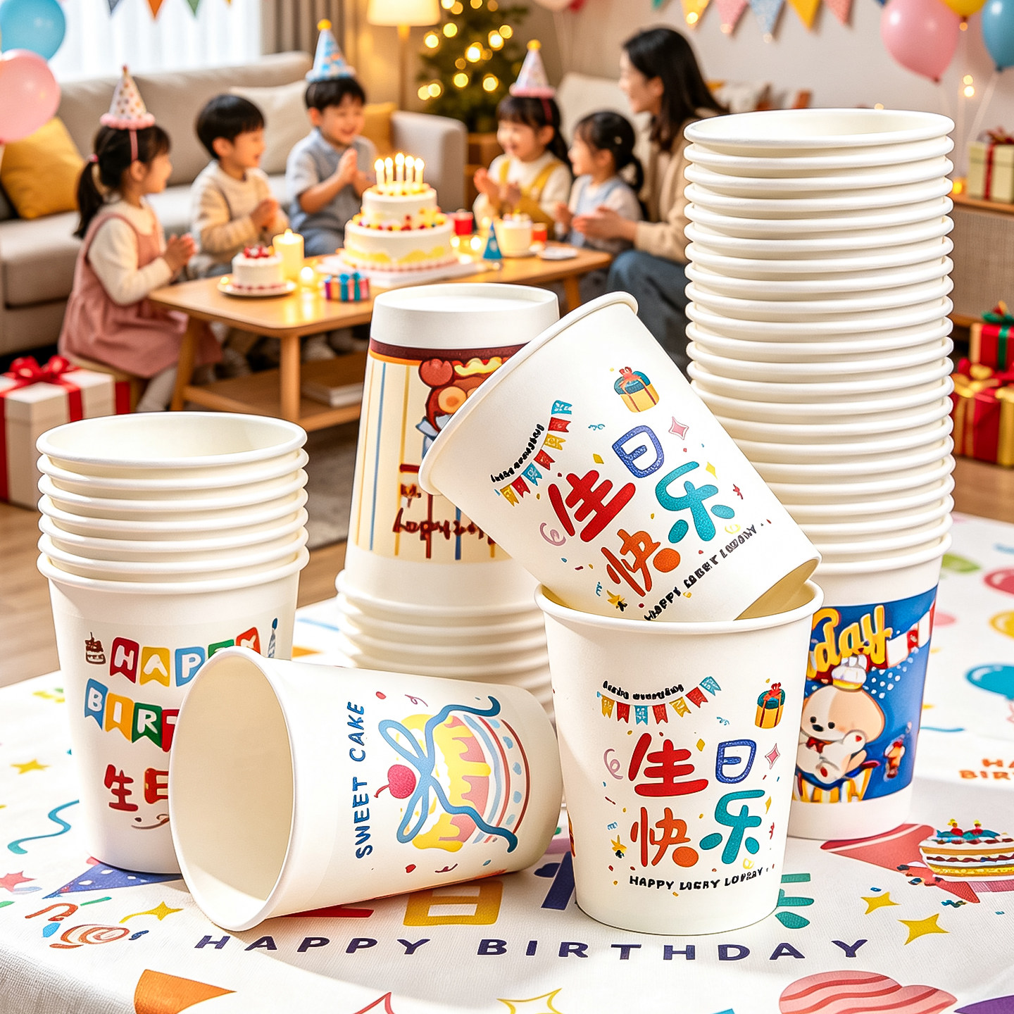 生日快乐派对纸杯周岁礼一次性杯子满月百日宴加厚加硬水杯大容量