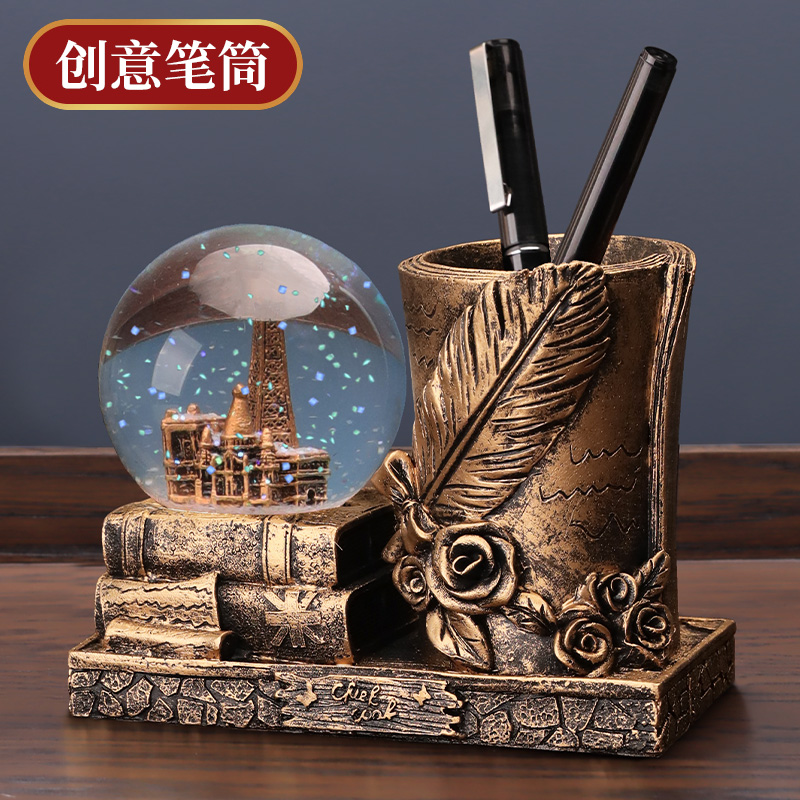 创意复古闪光铁塔雪花水晶球笔筒