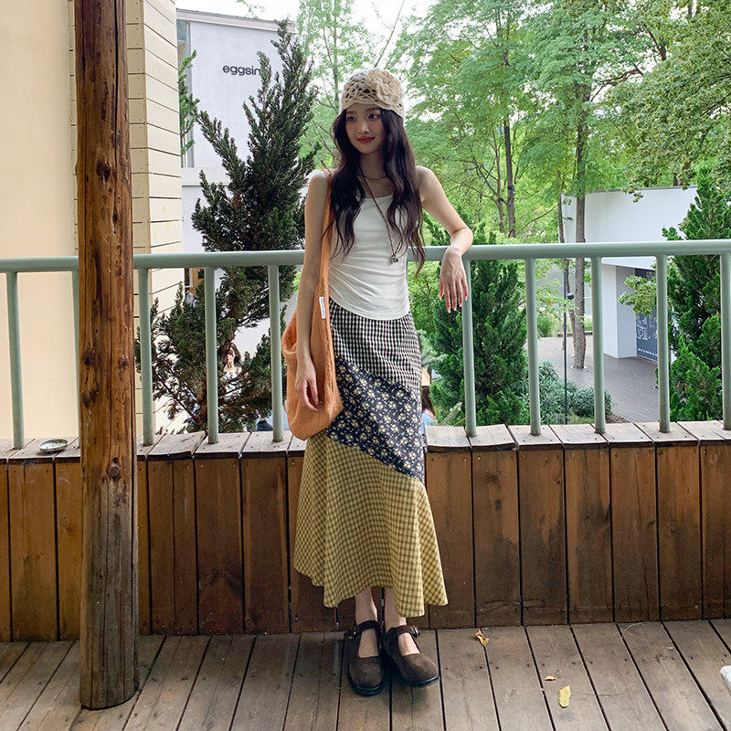 觅定碎花格子拼接半身裙女夏季小个子艺术感裙子炸街独特漂亮半裙