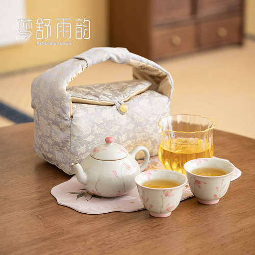 草木灰手绘蝴蝶兰布包一壶两杯功夫茶具茶壶茶杯家用旅行茶具套装