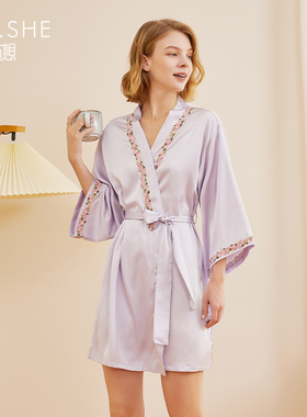 芮想春季粉紫色女浴袍睡衣长袖高定蕾丝花边系带睡袍