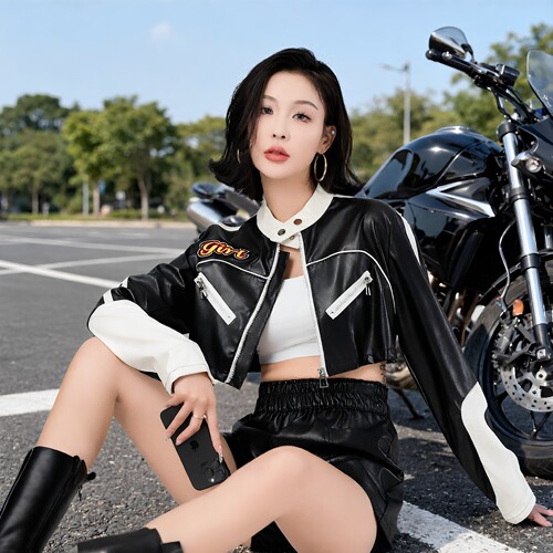 秋冬女款机车服外套短款黑色修身