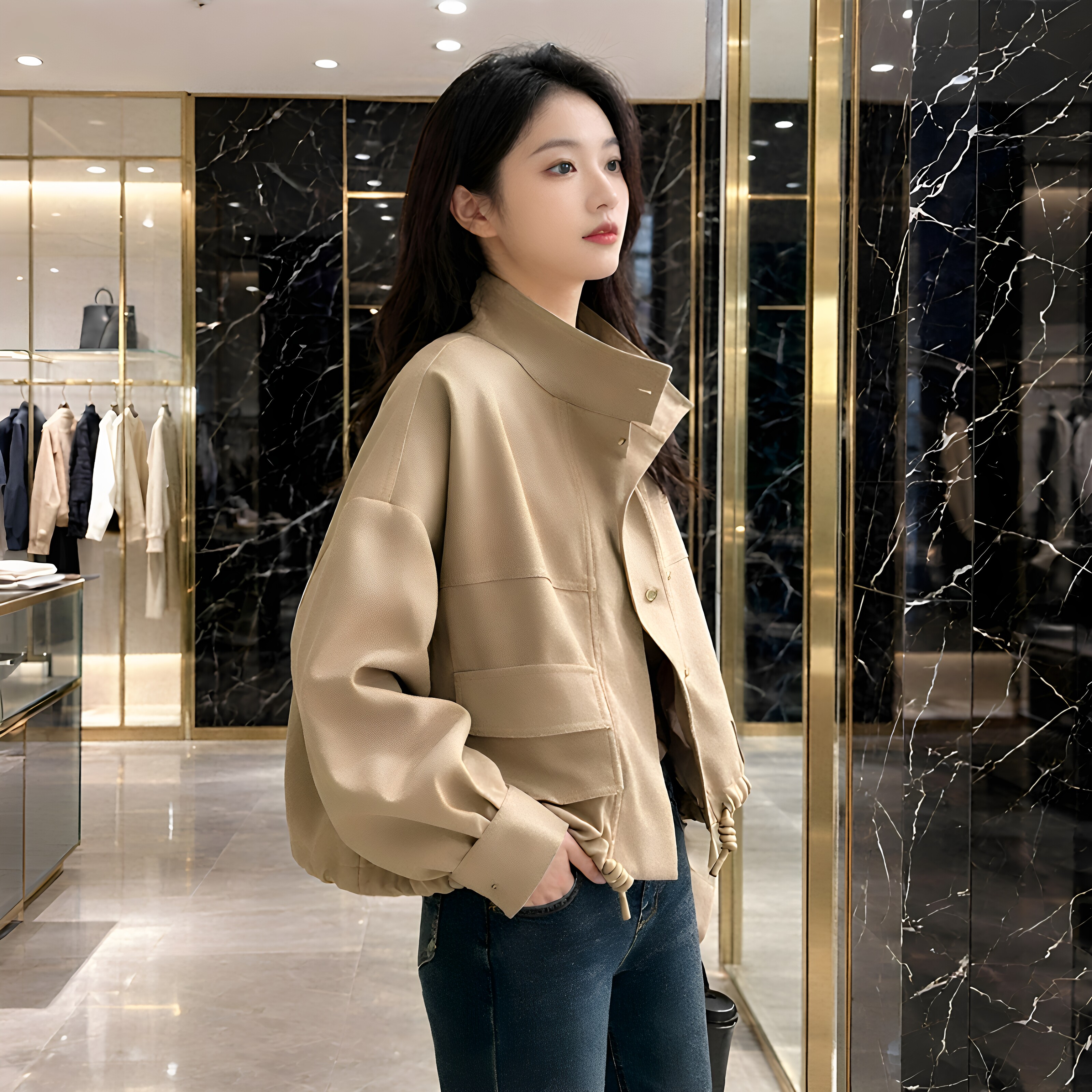 新秋女款机车风立领外套休闲夹克