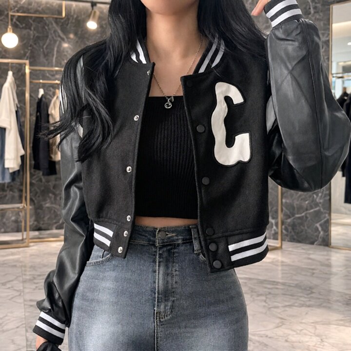 秋季女黑色机车服风皮袖夹克外套