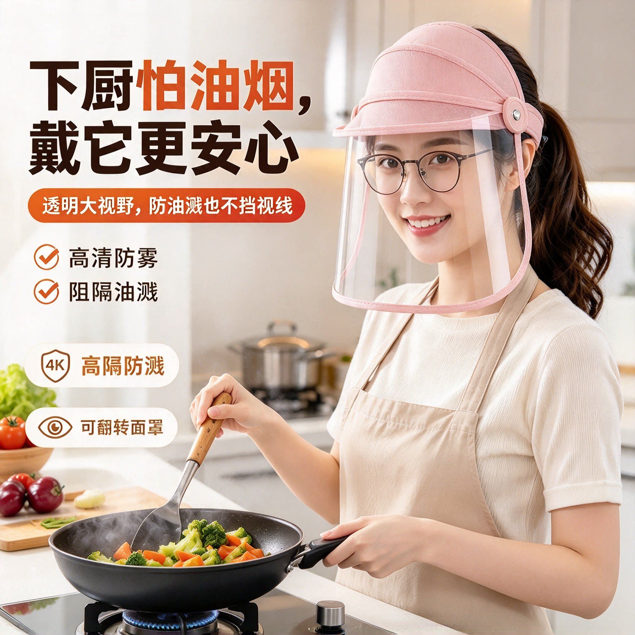 厨房可拆卸炒菜面罩家用做饭防油溅面具女遮脸全脸透明护面防护罩