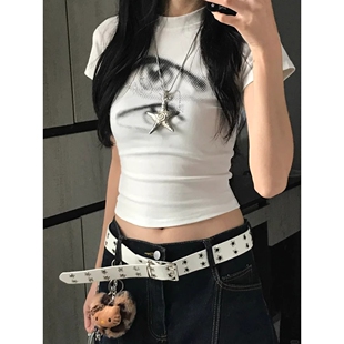 白色腰带女2026年星星镂空双排扣皮带古早y2k辣妹牛仔裤ins风穿搭