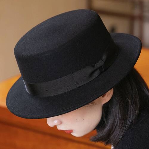 礼帽女秋冬黑色平顶帽法