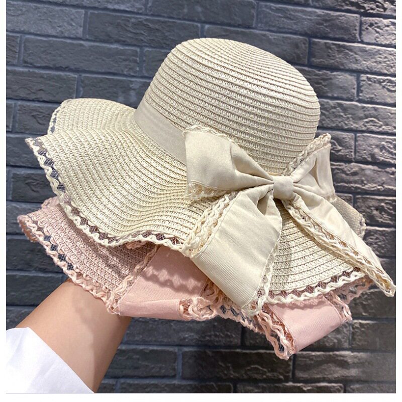 夏款韩版时尚蝴蝶结大檐帽子女士波浪边防晒帽户外沙滩帽遮阳帽