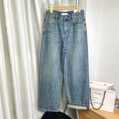 怀旧蓝～复古做旧牛仔 女 质感水洗高腰宽松阔腿包边直筒牛仔裤