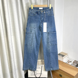 美式~立体感男友风 复古水洗分割线条工装高腰弹力直筒牛仔裤女