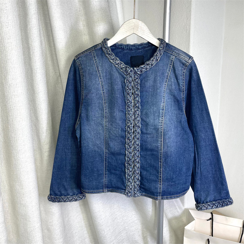 美式～小香风型！复古水洗麻花编织设计感开衫短款牛仔外套女