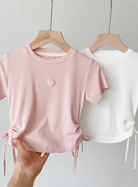 宝宝珍珠爱心抽绳半袖上衣2023夏款女童短袖T恤薄款婴儿时尚韩版3