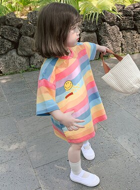 2023夏季新款童装韩版女童条纹彩虹中长款短袖T恤儿童连衣裙