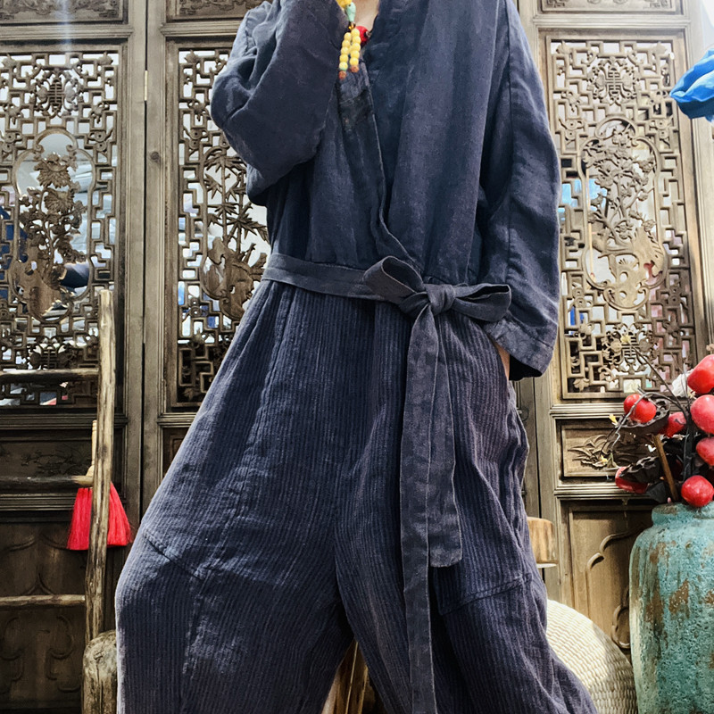 忆古朴拙 复古文艺亚麻斜襟连体裤 春季新品