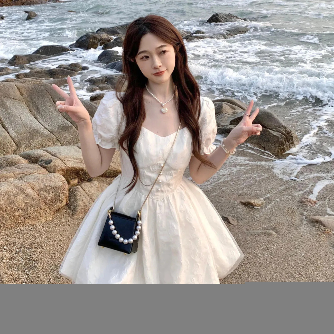 奶甜初恋连衣裙收腰显瘦中长花苞连衣裙