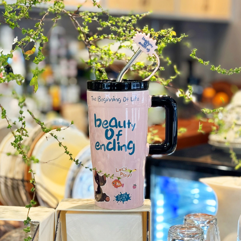 高颜值吸管喝水杯杯子陶瓷家用大容量马克杯陶瓷杯带盖女生办公室