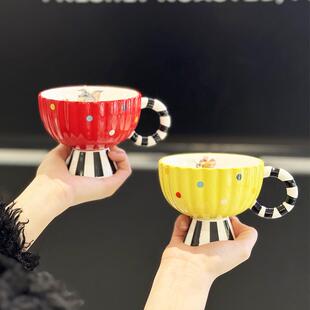 猫和老鼠高脚陶瓷杯创意波点条纹水杯手柄马克杯女家用咖啡杯情侣