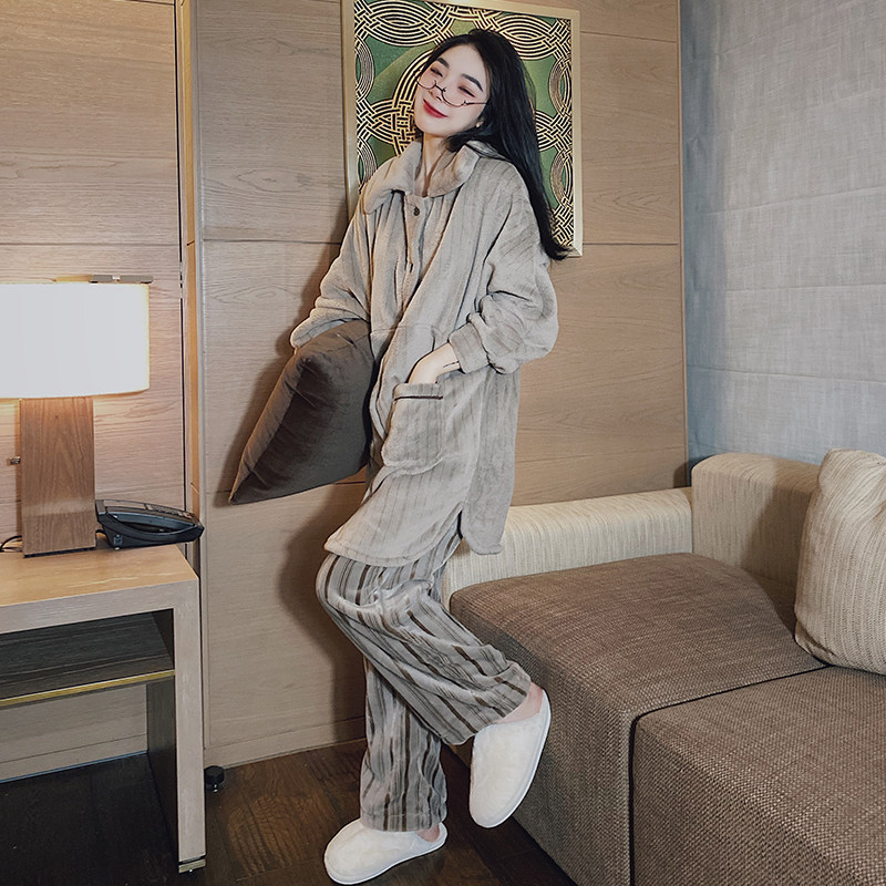 宅鹿鹿秋冬睡衣女2021年新款北极绒加厚款长款时尚家居服两件套装