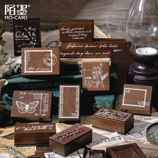 时光回溯系列木质印章 创意复古花卉边框英文数字手帐DIY装饰印画