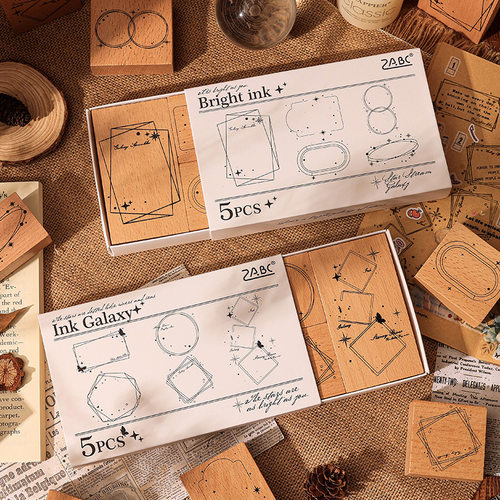 千里墨痕系列木质印章盒装5枚入 复古边框主题手帐装饰素材印画