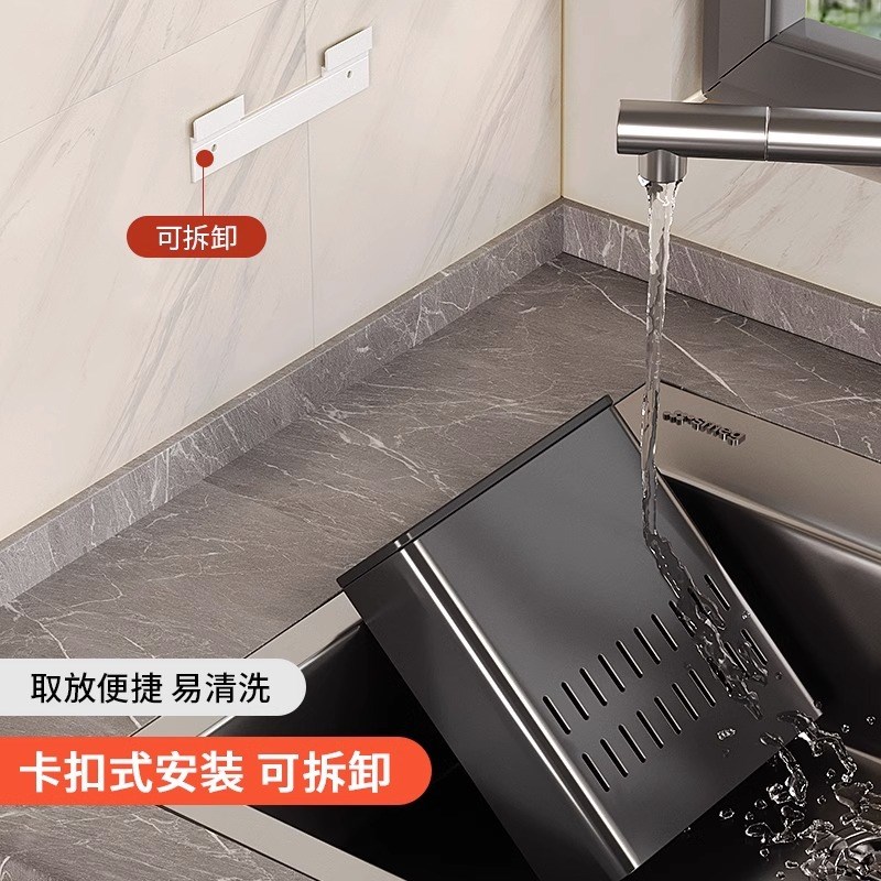 枪灰筷子筒收f纳盒厨房家用壁挂式勺子置物架墙上沥水免打孔筷子