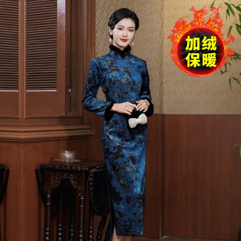 冬季加绒旗袍女长袖年轻款气质时尚少女复古改良中国风旗袍连衣裙