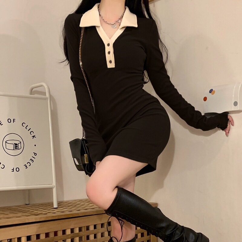纯欲POLO领连衣裙女秋冬新款收腰显瘦辣妹黑色短裙小个子包臀裙子