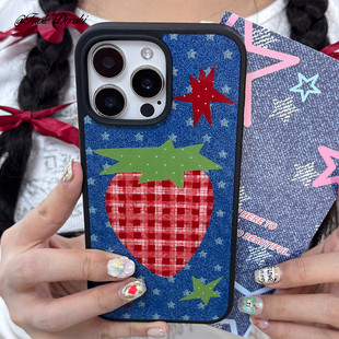 适用美式辣妹亚复古牛仔草莓星星波点iPhone1516promax苹果亚克力软手机壳