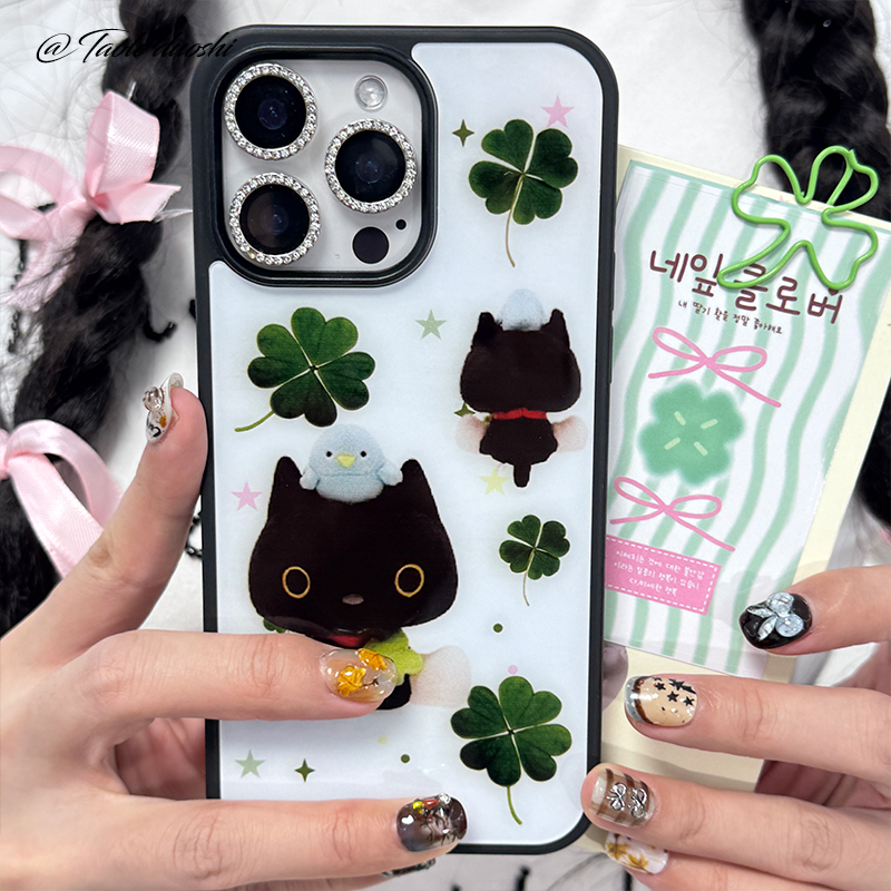 简约可爱复古ins四叶草小黑猫适用iphone16promax亚克力壳苹果15plus/14手机壳