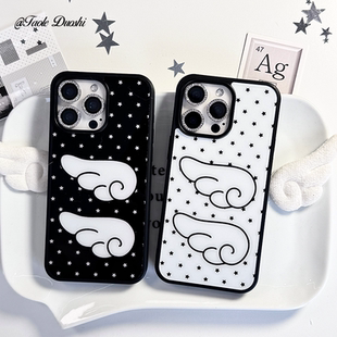 适用黑白简约天使翅膀高级日韩系ins星星苹果161413手机壳15promax全包16pro壳