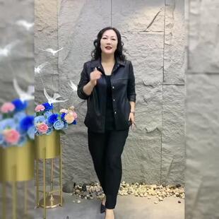 大码 皮衣女2023秋季 气质显瘦翻领PU皮夹克百搭妈妈装 上衣 宽松新款