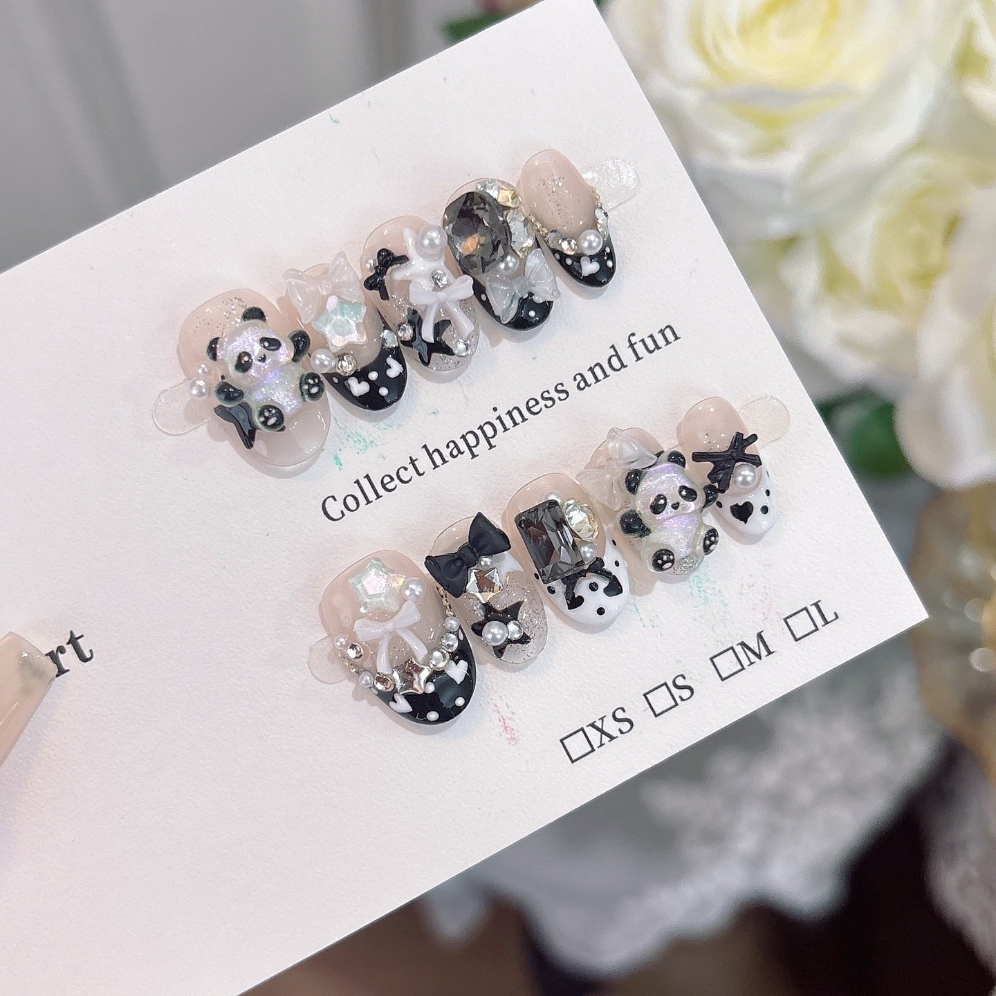 欧美穿戴甲批发可爱纯手工卡通小熊猫眼短款法式美甲贴片短甲指甲