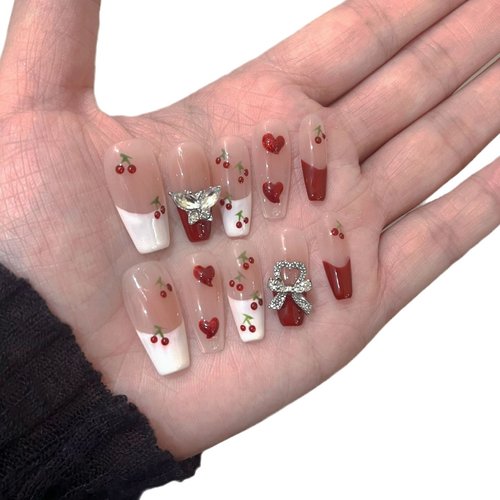 法式原创穿戴甲个性手绘小樱桃甜美美甲百搭手工长款小清新夏日