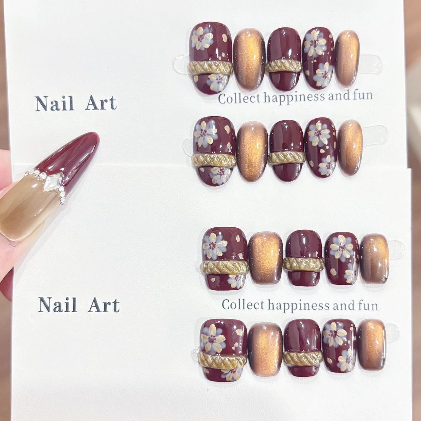 复古金花短款显白穿戴甲纯手作美甲爆闪猫眼高级感手绘花朵假指甲