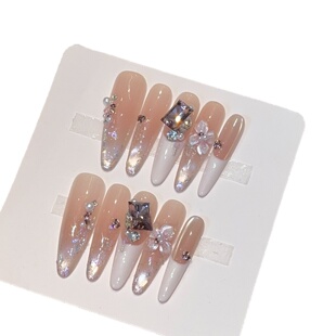 水彩晕染【手工雕花】高定 ins风纯手工穿戴甲长款美甲贴片假指甲
