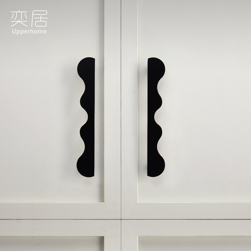 奕居进口黄铜柜门拉手黑色中古风衣柜橱柜抽屉柜子法式波浪长把手