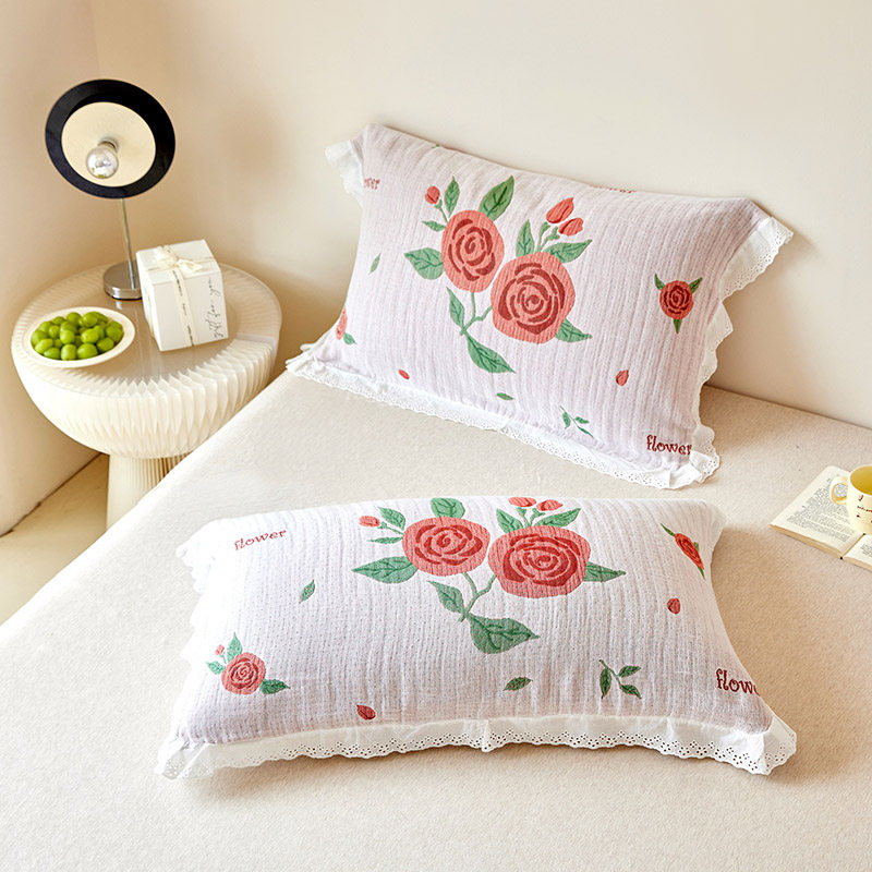 纯棉四层纱布枕巾成人家用盖巾竹棉皱皱纱全棉花边枕头巾四季通用