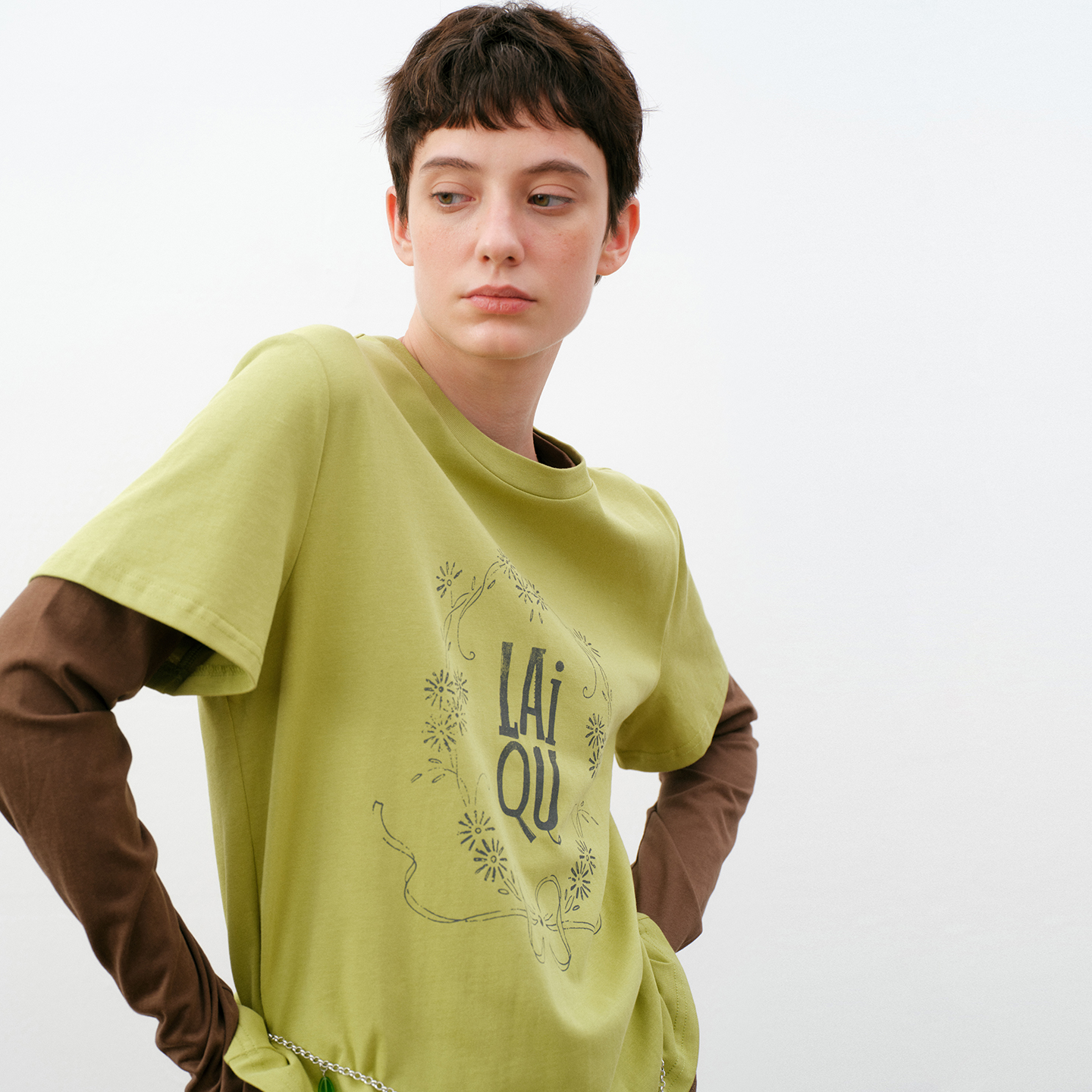 来去LaiQu牛油果绿拼棕真两件