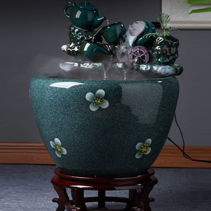 川淼文化景德镇富水长流陶瓷鱼缸摆件书画缸盆栽种植创意水缸装饰