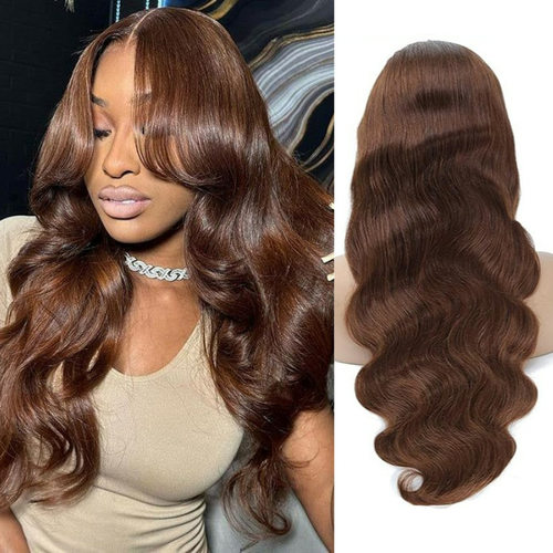 #4真人发头套13x4 Human Hair Wig Chocolate Brown棕色Body Wave
