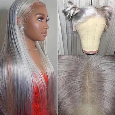 前蕾丝假发套 欧美热销长直发银灰色Human Hair Wigs Pre Plucked