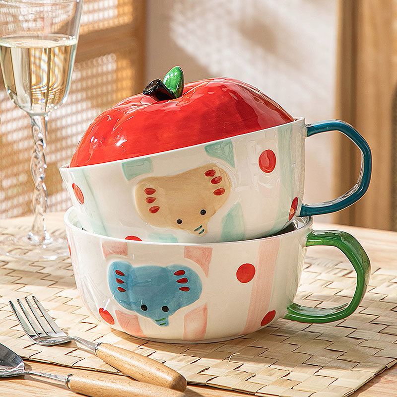 可爱陶瓷泡面碗家用带盖饭碗宿舍学生方便面碗食堂打饭碗带手柄