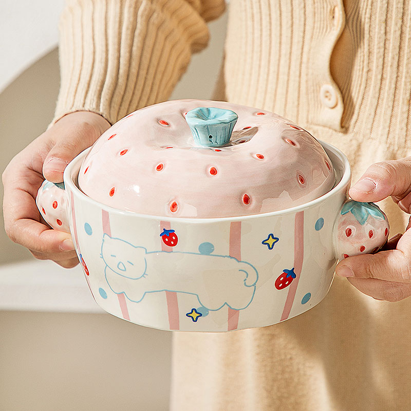 釉下彩双耳陶瓷吃泡面汤碗螺蛳粉大容量2025新款带盖高颜值上班族