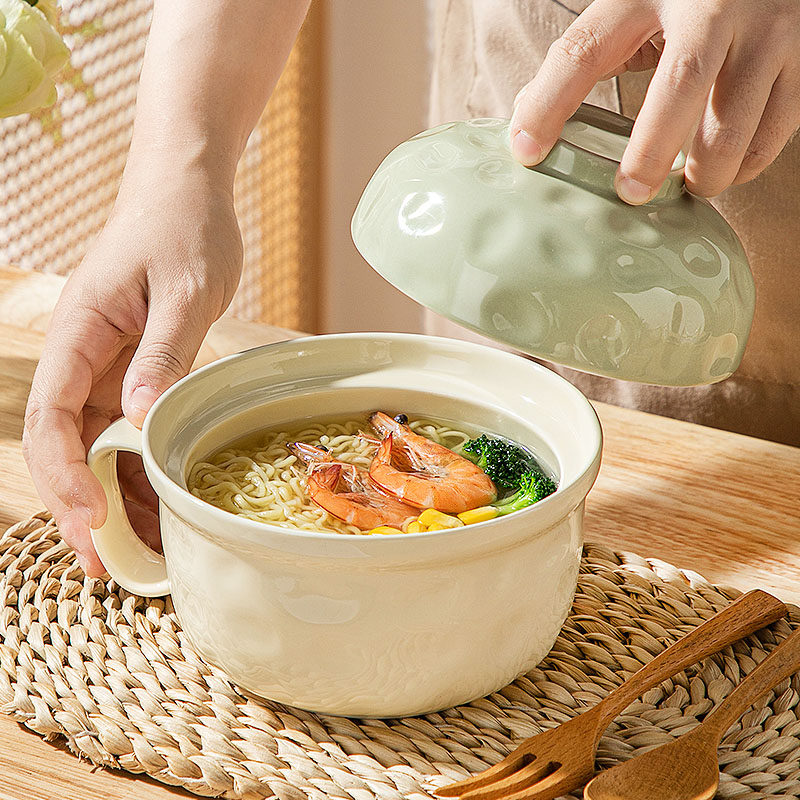 奶油风泡面碗带盖家用大号汤面碗陶瓷方便面碗宿舍学生个人专用碗