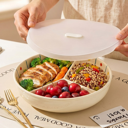 奶油风陶瓷分格碗家用分隔早餐碗水果沙拉碗三格圆形分餐盘釉下彩