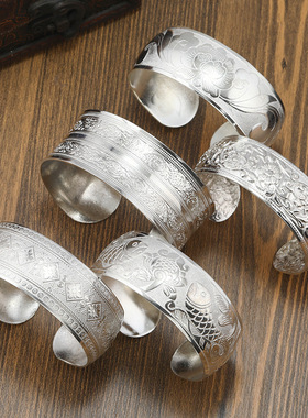 古韵民族风苗银手镯个性开口宽手环新中式古风贵州手工银饰镯子女