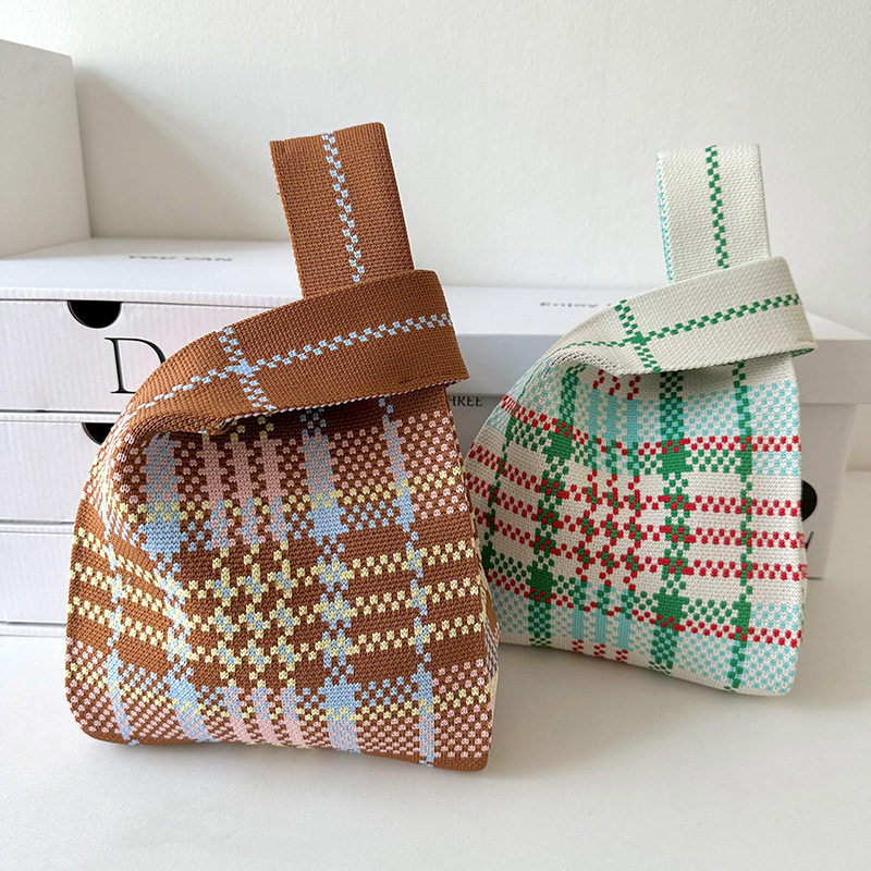 潮品针织手提包时尚潮流情侣旅行格纹布袋复古女森系手机包手拎包