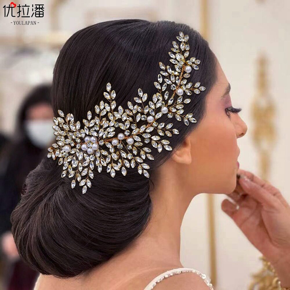 潮流高级侧边盘发镶钻发梳奢华树叶花朵串珠水晶发饰新娘头饰HP43
