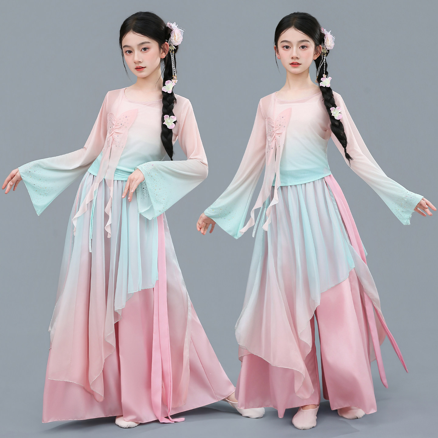 古典舞渐变纱衣舞蹈服学生群舞飘逸练功服扇舞中国现代舞演出服