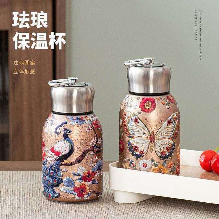 国潮绘画316珐琅图案不锈钢保温杯买一送一水杯女网红便携咖啡杯